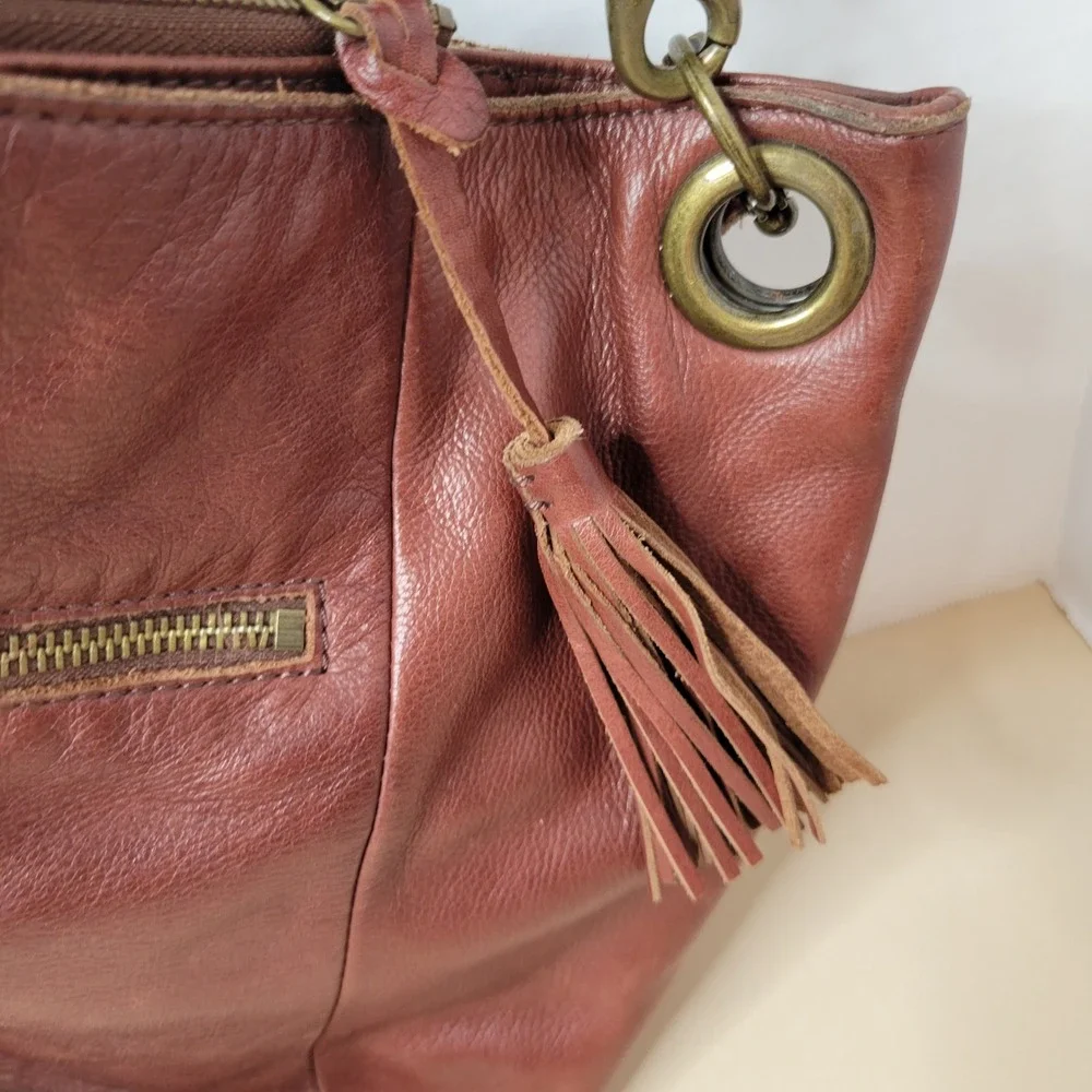 Lucky Brand Brown Leather Hobo Bag Braided Handle Crossbody Cognac Clover Charm